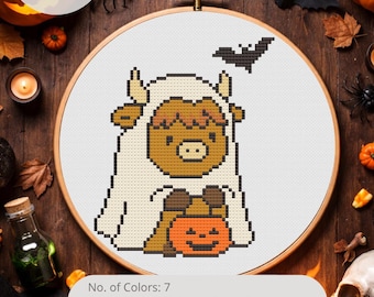Wzór haftu krzyżykowego „Krowa duch”, „Krowa szkocka na psikusa” w formacie PDF, schemat haftu na Halloween, Pattern Keeper