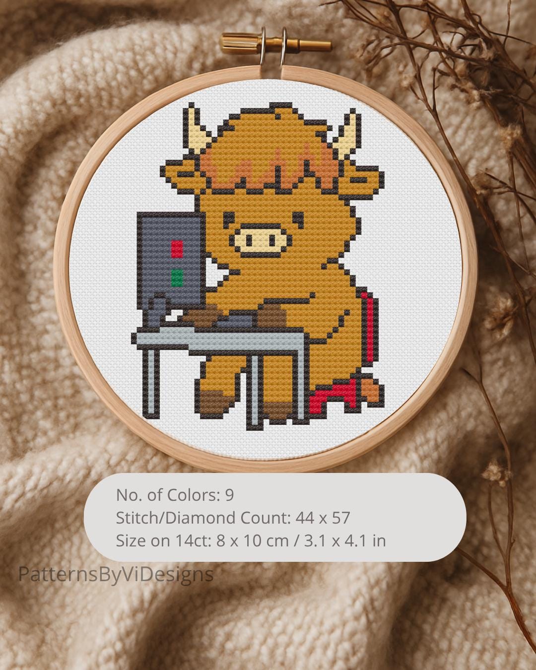 Adorable Tiny Highland Cow & Computer Cross Stitch Pattern for Beginner ...