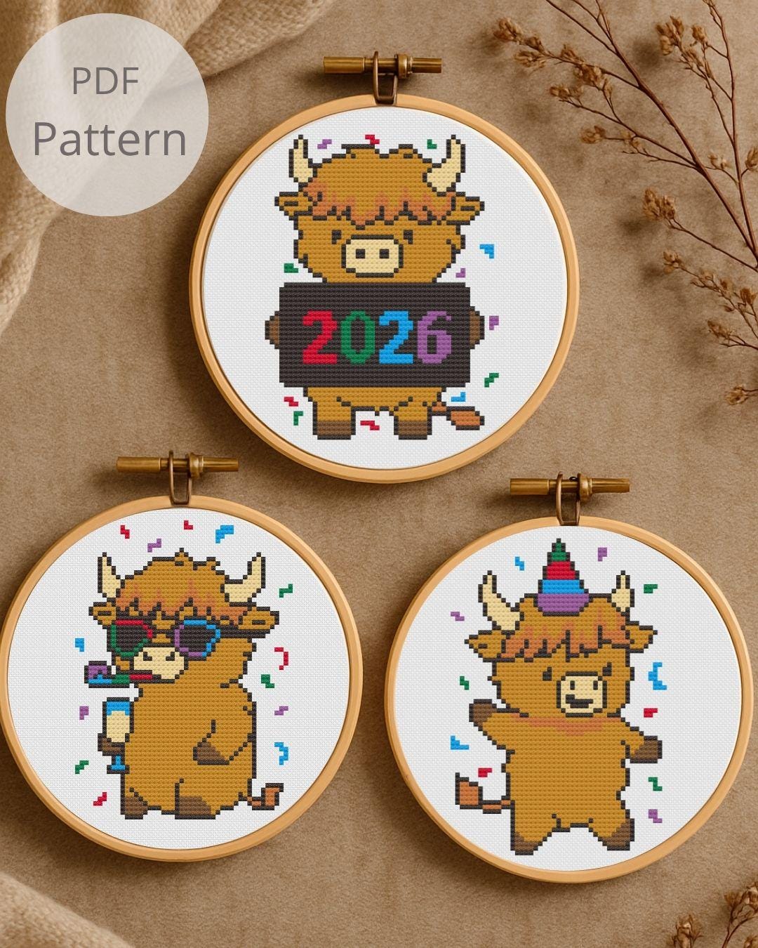 Mini New Year Party Highland Cow Cross Stitch Pattern Set - 3 Cute Cow ...
