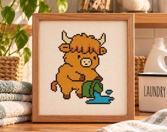 Patrón de punto de cruz de vaca de las Tierras Altas, diseño de bordado de tareas domésticas, patrón de costura fácil para la lavandería, amante de las vacas de las Tierras Altas, guardián de patrones