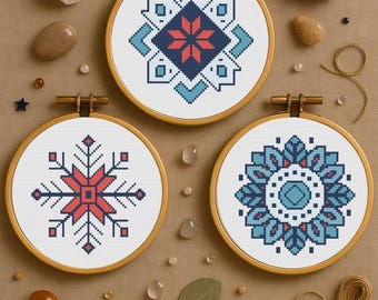 Nordic Mandala Cross Stitch Pattern Bundle - 3 Mini PDF Charts - Beginner Embroidery Set, Instant Download