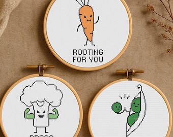 Carrot, Broccoli, Peas Pun Cross Stitch Work Bundle - Funny Quote Patterns for Beginners, Food & Kitchen Embroidery PDF, Digital Download