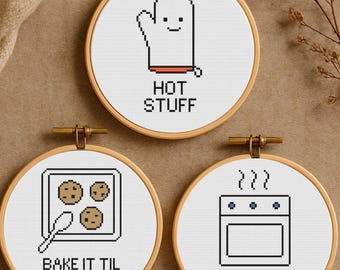 Oven, Mitt, Baking Tray Pun Cross Stitch Work Bundle - Funny Quote Patterns for Beginners, Food & Kitchen Embroidery PDF, Digital Download