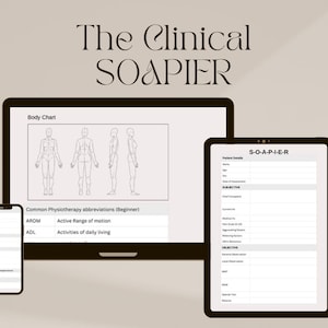 May include: A digital display of the words "The Clinical SOAPIER" above a tablet, laptop, and smartphone. The laptop displays a body chart and physiotherapy abbreviations. The tablet shows a patient details form.