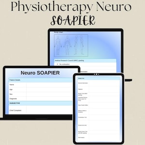 Könnte beinhalten: Digitale Darstellung eines Physiotherapie-Bewertungsformulars mit dem Titel "Neuro SOAPIER". Das Formular wird auf einem Laptop, Tablet und Monitor angezeigt. Das Formular enthält Abschnitte für Patientendetails, subjektive Informationen und objektive Beobachtungen.