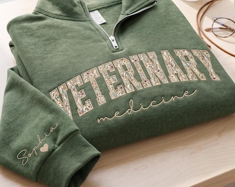 Custom Embroidered Floral Veterinary Medicine Sweatshirt, Funny Vet Tech Zip, Veterinarian Gift, Animal Doctor Sweatshirt, Cute Vet Outfit
