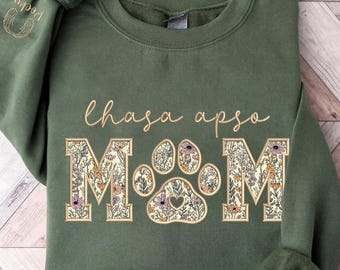 Embroidered Lhasa Apso Mom Sweatshirt, Custom Dog Name Sleeve, Floral Applique Dog Mom Gift,Lover Gift,Personalized Pet Owner Sweatshirt