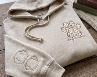Custom Paw Print Sweatshirt with Matching Bandana, Blue Gingham Bandana Pet Lover Gift, Personalized Dog Mom Crewneck Sleeve Embroidery