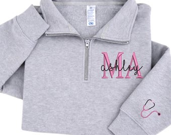 Custom Embroidered  MA Quarter Zip Sweatshirt,Medical Assistant Sweatshirt, Gradua Gift,Gift for Nurse,Christmas