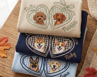 Custom Embroidered Pet Portrait Sweatshirt, Personalized Dog Mom Crewneck, Locket Heart Shirt