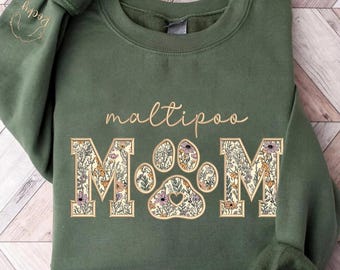 Embroidered Maltipoo Mom Sweatshirt, Custom Dog Name Sleeve, Floral Applique Dog Mom Gift,Lover Gift,Personalized Pet Owner Sweatshirt