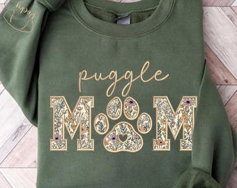 Embroidered Puggle Mom Sweatshirt, Custom Dog Name Sleeve, Floral Applique Dog Mom Gift,Lover Gift,Personalized Pet Owner Sweatshirt