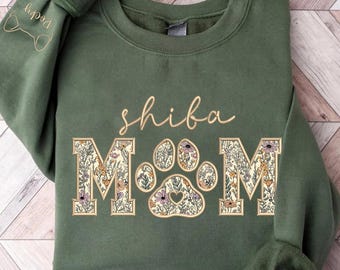 Embroidered Shiba Mom Sweatshirt, Custom Dog Name Sleeve, Floral Applique Dog Mom Gift,Lover Gift,Personalized Pet Owner Sweatshirt