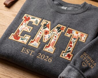 Custom Embroidered EMT Floral Sweatshirt, Paramedic Sweatshirt, EMT Sweatshirt, Star of Life Sweatshirt, Nurse Gift, Emergency Room
