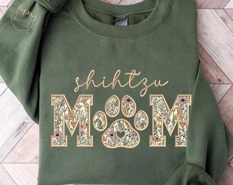 Embroidered Shihtzu Mom Sweatshirt, Custom Dog Name Sleeve, Floral Applique Dog Mom Gift,Lover Gift,Personalized Pet Owner Sweatshirt