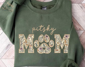 Embroidered Pitsky Mom Sweatshirt, Custom Dog Name Sleeve, Floral Applique Dog Mom Gift,Lover Gift,Personalized Pet Owner Sweatshirt
