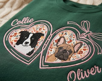 Custom Embroidered Pet Portrait Sweatshirt, Personalized Dog Mom Crewneck, Locket Heart Shirt