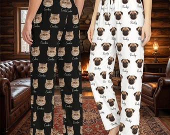 Custom Pet Face Pajama Pants, Personalized Dog Cat Photo Gift for Mom Dad
