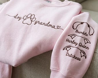 Personalized Embroidered Dog Grandma Sweatshirt, Custom Pet Name Pullover, Embroidered Crewneck, Gift for Dog Lover, New Dog Mom Gift