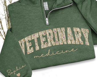 Custom Embroidered Floral Veterinary Medicine Sweatshirt, Funny Vet Tech Zip, Veterinarian Gift, Animal Doctor Sweatshirt, Cute Vet Outfit
