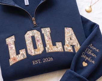 Sudadera Lola con cremallera y estampado floral personalizado, sudadera bordada para mamá personalizada, sudadera de cuello redondo para mamá personalizada, regalo para mamá, regalos para el Día de la Madre