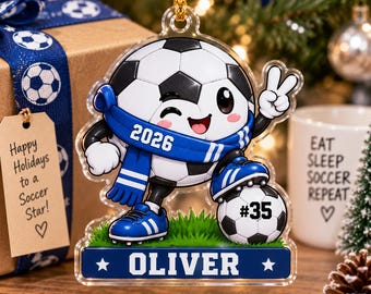 Personalized Soccer Christmas Ornament, Custom Name Acrylic Soccer Ball Keepsake, Soccer Player Gift, Youth Soccer Holiday Tree Decoration