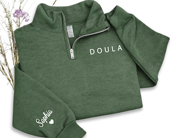 Personalized Doula Quarter Zip Sweatshirt, Midwife Student Gift, Boho Profession Apparel
