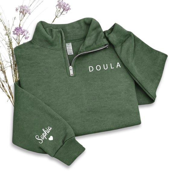 Personalized Doula Quarter Zip Sweatshirt, Midwife Student Gift, Boho Profession Apparel