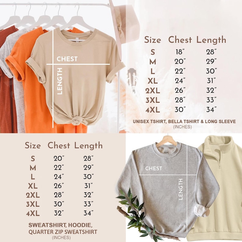 K&ouml;nnte beinhalten: Ein beiges T-Shirt und ein graues Sweatshirt mit Gr&ouml;&szlig;entabellen. Die Tabellen listen Brust- und L&auml;ngenma&szlig;e in Zoll f&uuml;r die Gr&ouml;&szlig;en S bis 4XL f&uuml;r Unisex-T-Shirts, Bella-T-Shirts, Langarmshirts, Sweatshirts, Hoodies und Quarter-Zip-Pullover auf.