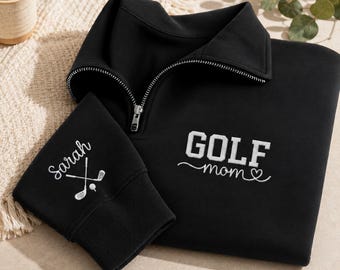 Personalized Golf Mom Embroidered Quarter Zip Sweatshirt, Custom Sleeve Name Pullover, Sporty Mom Layer, Golf  Lover Gift