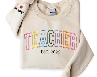 Personalized Embroidered Teacher Sweatshirt: Varsity Letter Crewneck, Custom Apple Sleeve