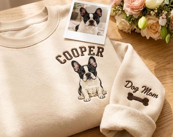 Personalized Pet Embroidered Sweatshirt, Custom Photo Crewneck, Pet Portrait with Nickname & Sleeve Icon, Dog Mom Gift, Pet Lover Gift