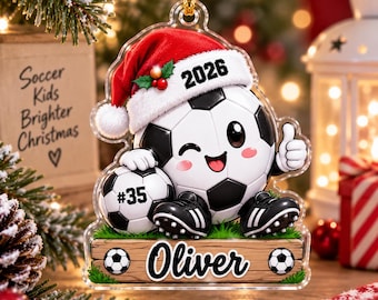 Personalized Soccer Christmas Ornament, Custom Name Acrylic Soccer Ball Keepsake, Soccer Player Gift, Youth Soccer Holiday Tree Decoration
