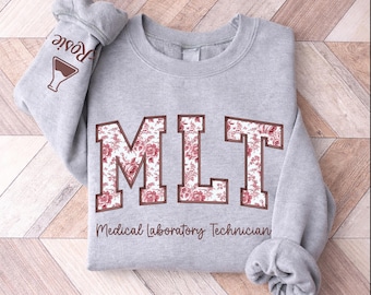 Sudadera MLT personalizada, cuello redondo bordado para técnico de laboratorio médico, regalo personalizado para técnico de laboratorio, sudadera floral para el sector sanitario.