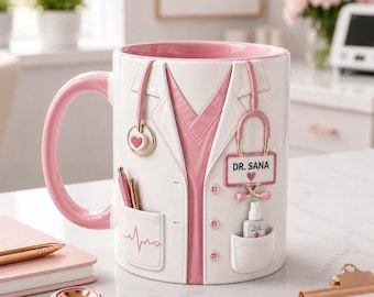 Personalized Doctor Mug, Custom Name Medical Coffee Cup, Physician Accent Mug, Pink Doctor Coat Mug,Doctor Appreciation Gift,Graduation Gift