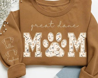 Embroidered Great Dane Mom Sweatshirt – Custom Dog Name Sleeve, Floral Dog Mom Sweatshirt, Great Dane Mama Shirt, Dog Mom Gift