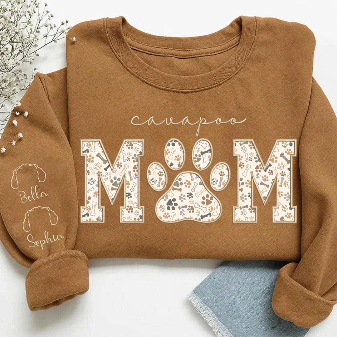 Embroidered Cavapoo Mom Sweatshirt – Custom Dog Name Sleeve, Floral Dog ...