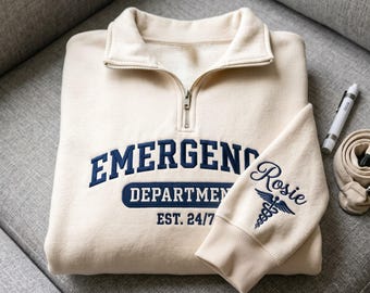 Sudadera personalizada con cremallera de un cuarto para el departamento de emergencias, suéter personalizado para enfermera de urgencias, suéter para médico de urgencias, regalo para enfermera de urgencias