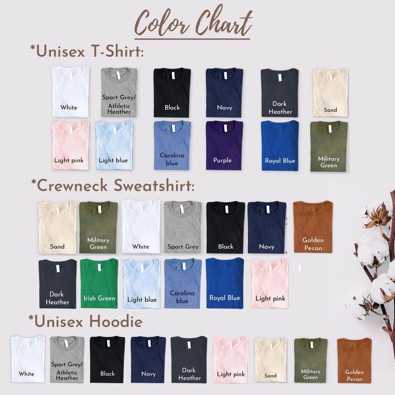 K&ouml;nnte beinhalten: Eine Farbkarte mit verschiedenen Stofffarben f&uuml;r Bekleidung. Die &Uuml;bersicht enth&auml;lt Abschnitte f&uuml;r Unisex-T-Shirts, Rundhals-Sweatshirts und Unisex-Kapuzenpullover, jeweils mit gefalteten Kleidungsst&uuml;cken in Farben wie Wei&szlig;, Schwarz, Marine, Sand und Gr&uuml;n.