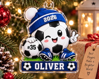 Personalized Soccer Christmas Ornament, Custom Name Acrylic Soccer Ball Keepsake, Soccer Player Gift, Youth Soccer Holiday Tree Decoration