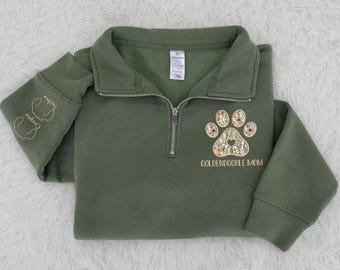 Personalized Embroidered Goldendoodle Mom Quarter Zip Sweatshirt, T Shirt, Hoodie, Dog Lovers Gifts, Dog Paw Applique Sweater, Pet Lover