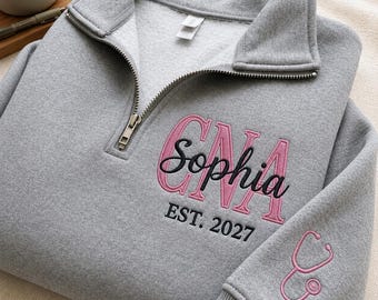 Personalized CNA Quarter Zip Sweatshirt, Custom Nursing Assistant Shirt, CNA Gift, Embroidered Healthcare Apparel, Graduation Present