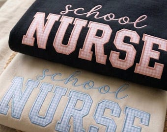 Custom School Nurse Sweatshirt with Sleeve Name, Gingham Applique School Nurse Crewneck, Personalized Nurse Gift, Back to School