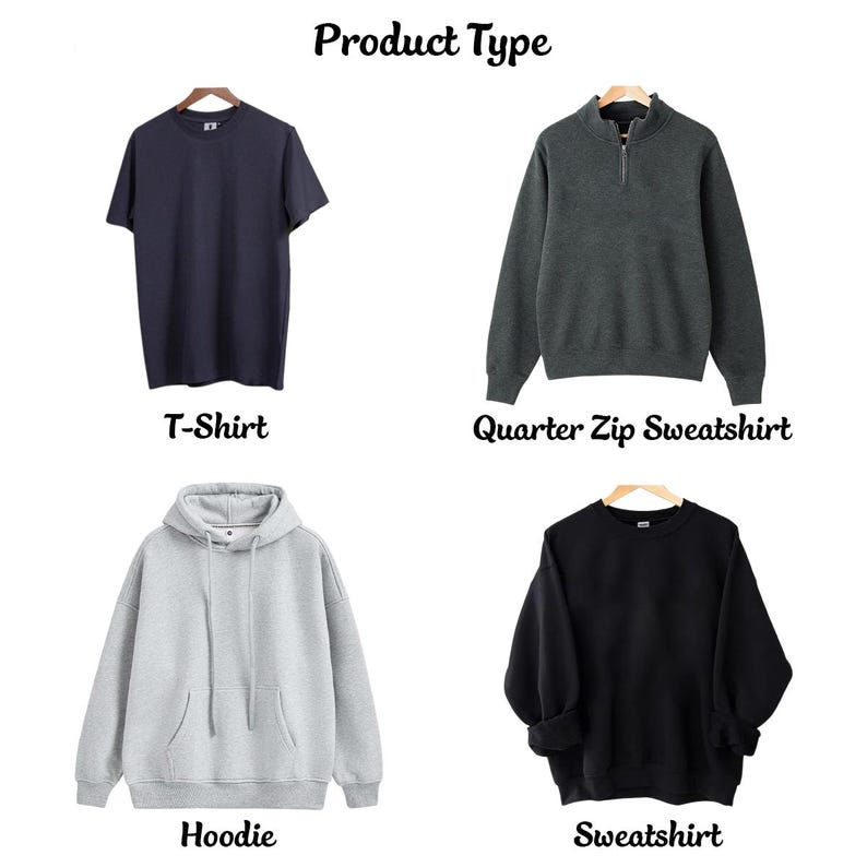 K&ouml;nnte beinhalten: Eine Auswahl von vier Kleidungsst&uuml;cken mit der Beschriftung Product Type: ein dunkelblaues T-Shirt mit kurzen &Auml;rmeln, ein anthrazitfarbener Viertel-Rei&szlig;verschluss-Pullover, ein hellgrauer Kapuzenpullover mit Tasche und Kordeln, ein schwarzer Pullover.