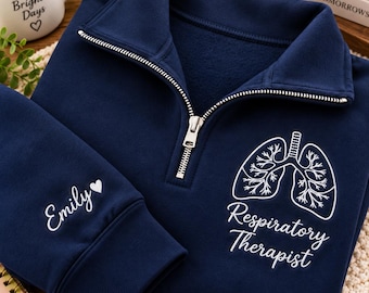 Sudadera personalizada para terapeuta respiratorio, sudadera con cremallera de un cuarto bordada a medida, regalo para profesionales médicos RRT, camiseta para trabajadores de la salud