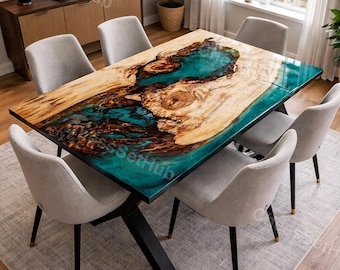 Piano del tavolo in legno di noce con finitura epossidica effetto fiume, tavolo da pranzo in resina turchese, scrivania con bordo naturale, tavolo in legno fatto a mano, arredamento in stile industriale