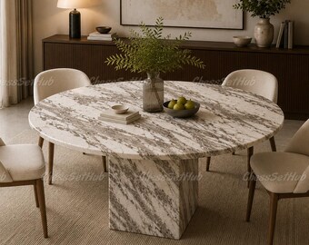 Luxury Round Calacatta Marble Dining Table – Modern Natural Stone Pedestal Dining Table – Mid Century Kitchen & Dining Room Furniture