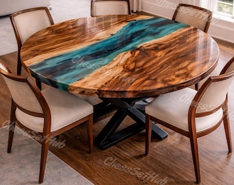 Custom Walnut River Table Round, Turquoise Epoxy Dining Table, Live Edge Walnut Wood Table, Handmade Resin Furniture, Modern Dining Table