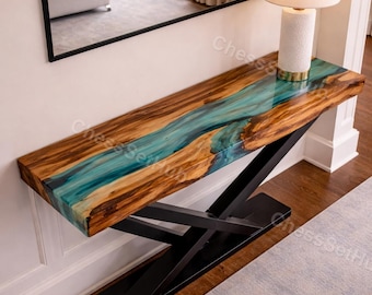 Tavolino con fiume in resina epossidica color verde acqua, consolle in teak con bordo naturale, tavolino rustico per divano da corridoio, tavolino stretto per ingresso, mobili in resina effetto legno.