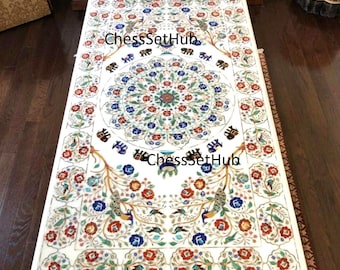 Piano del tavolo da pranzo con intarsi in marmo bianco, Pietra Dura rettangolare, design floreale e pavone Pachikari, decorazioni Taj Mahal, piano del tavolo da caffè in marmo